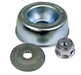 Metallic washer, disc, and nut on a white background